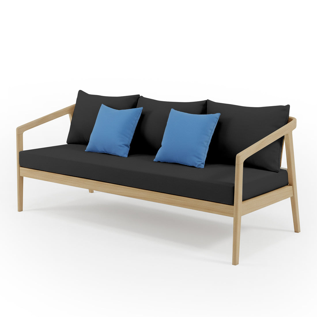 Delva 4 Seater Hardwood Acacia Outdoor Sofa Set in Black features a modern three-seat sofa with a light wood frame, dark fabric cushions, and bright blue throw pillows, showcasing a minimalist, open-leg design.
