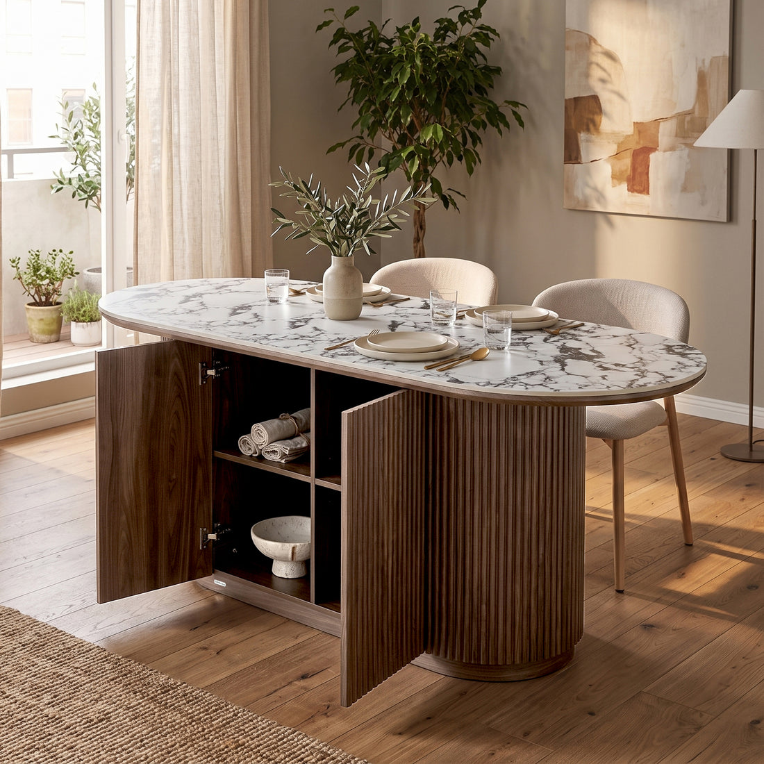 Oval dining table styled in a bright modern dining room with tableware and greenery