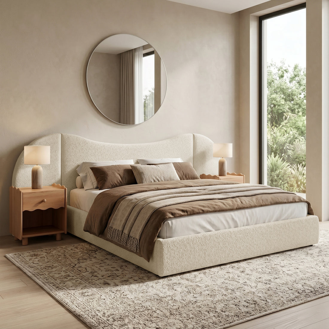 Upholstered bed in a styled bedroom with nightstands and decor