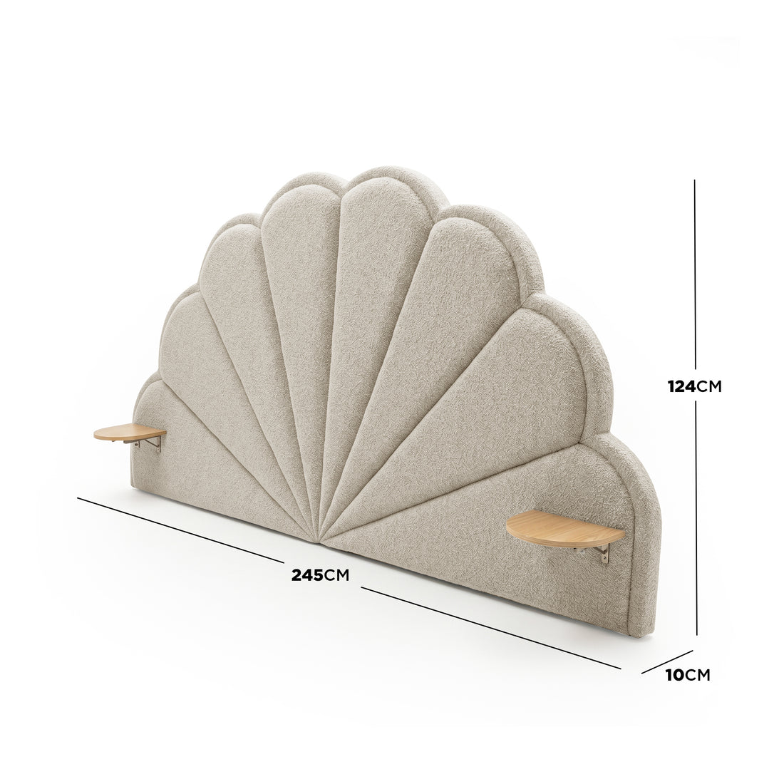 Scalloped upholstered headboard with wood shelves and dimension markings (245 × 124 × 10 cm) on white background