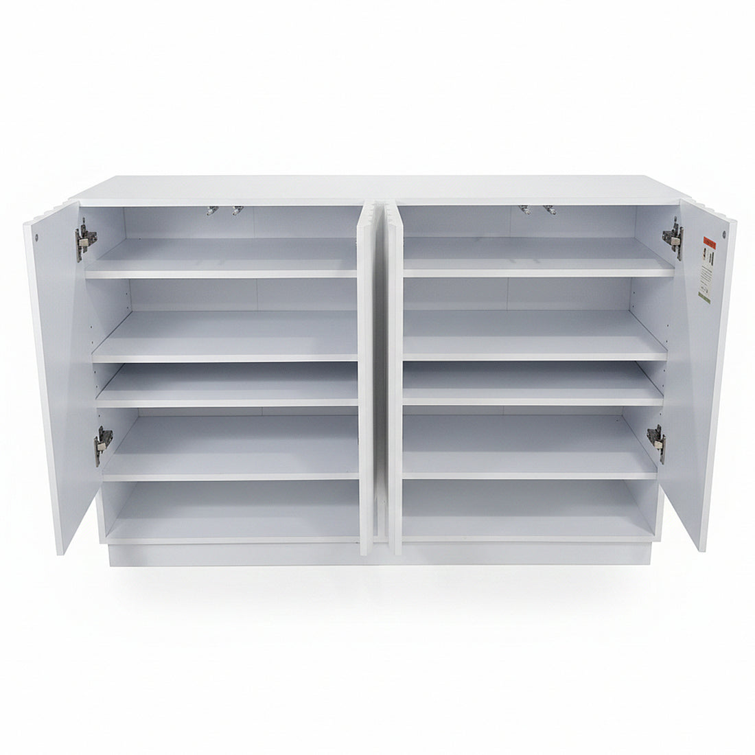 White storage cabinet on white background with open doors revealing shelves