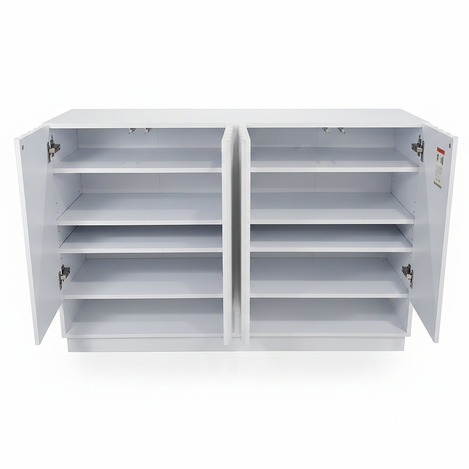 White storage cabinet on white background with open doors revealing shelves