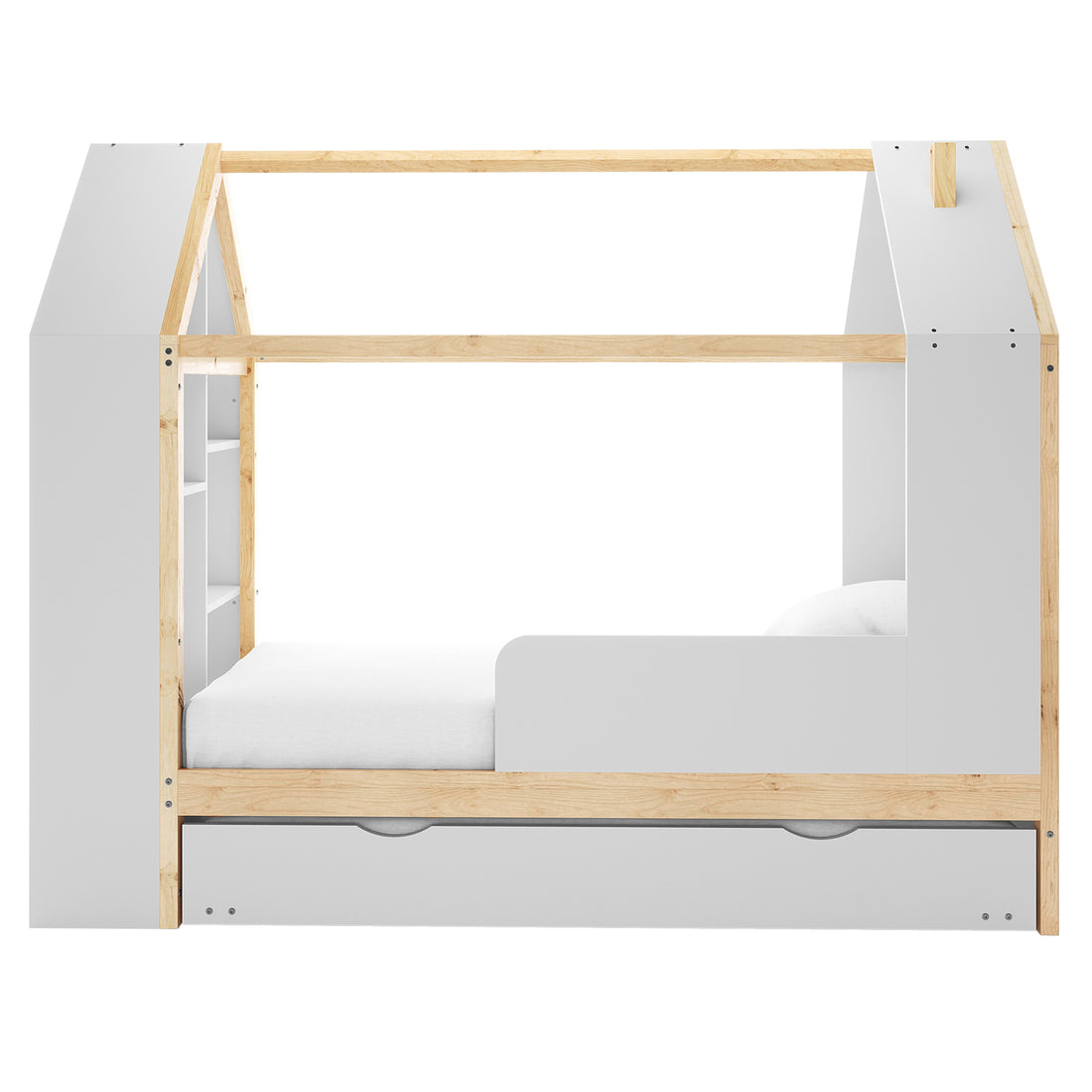 Halden Kids Cubby Bed Storage & Trundle in White & Natural features a house-shaped frame with a peaked roof, partial guardrail, built-in headboard shelving, and a pull-out drawer beneath the mattress.