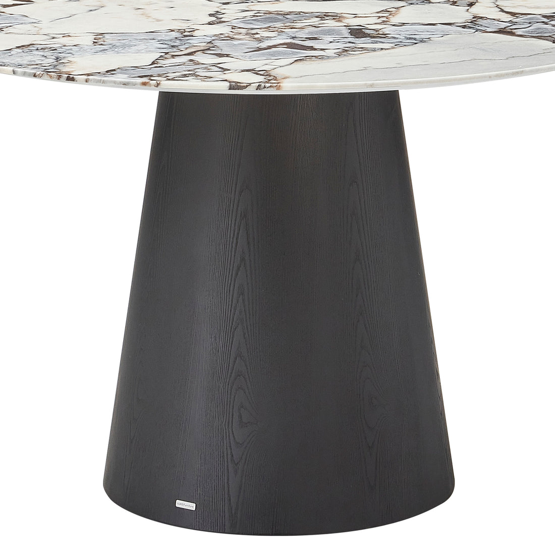 Dina 120cm Round Marble Dining Table features a thick marble tabletop with brownish-gray veining, supported by a black, cone-shaped wooden pedestal, marrying elegance with modernity for a refined dining experience.