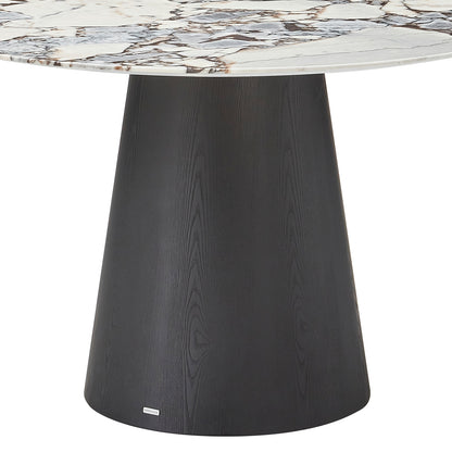 Dina 120cm Round Marble Dining Table features a thick marble tabletop with brownish-gray veining, supported by a black, cone-shaped wooden pedestal, marrying elegance with modernity for a refined dining experience.