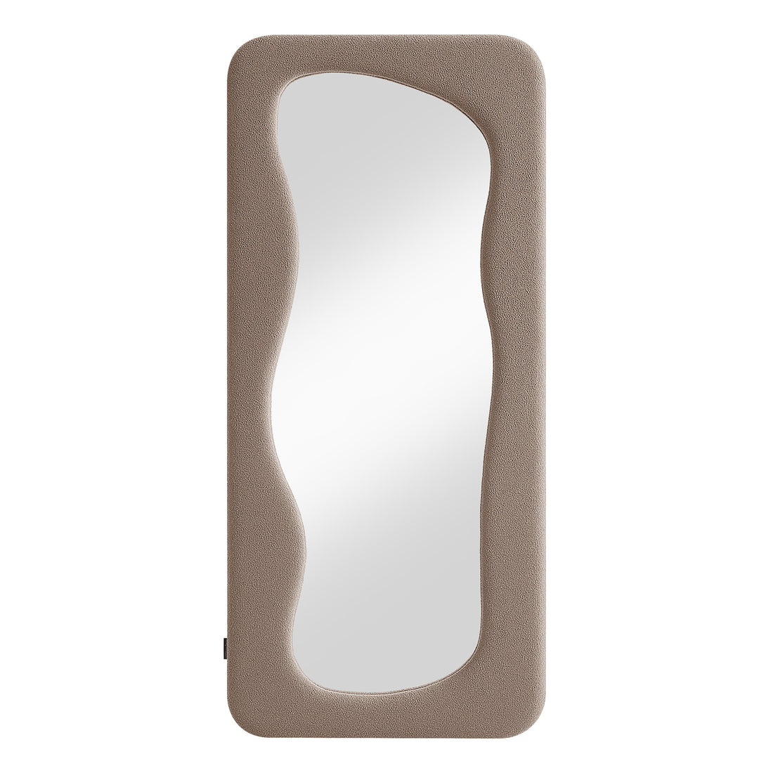 Sabrina 180cm Curved Full Length Mirror in Taupe Brown features a softly padded, bouclé fabric frame with an organic-shaped reflective glass, offering a full-body view and enhancing room aesthetics.