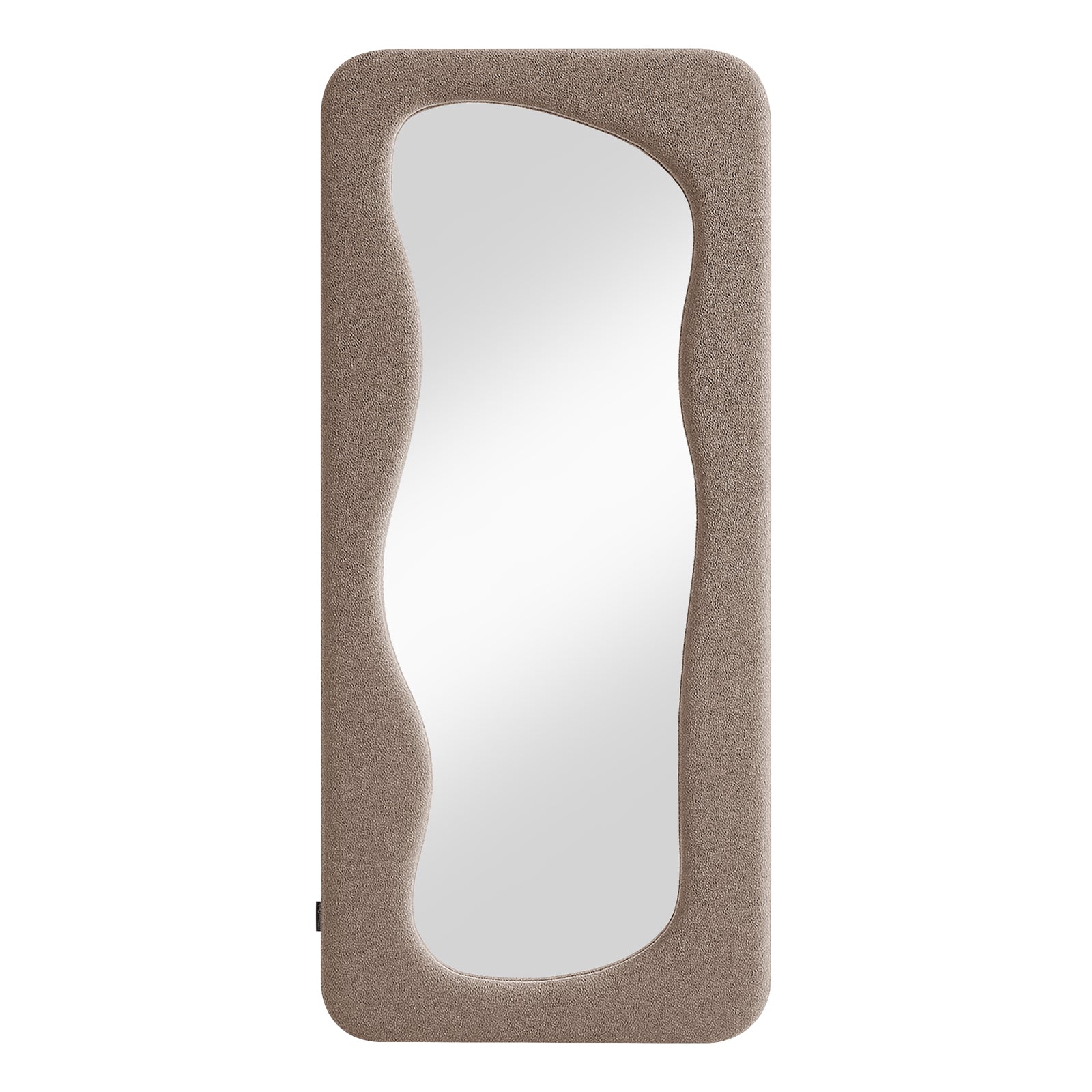 Sabrina 180cm Curved Full Length Mirror in Taupe Brown features a softly padded, bouclé fabric frame with an organic-shaped reflective glass, offering a full-body view and enhancing room aesthetics.