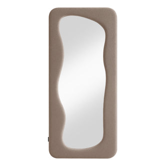 Sabrina 180cm Curved Full Length Mirror in Taupe Brown features a softly padded, bouclé fabric frame with an organic-shaped reflective glass, offering a full-body view and enhancing room aesthetics.