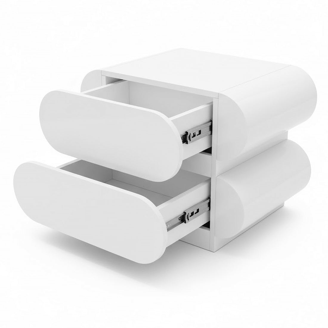 Ardenne 55cm Curved Bedside Table With Drawers in White, featuring a sleek, modern design with two partially open drawers and smooth, rounded edges for a clean, contemporary look.