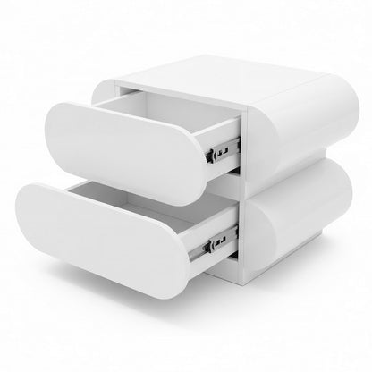 Ardenne 55cm Curved Bedside Table With Drawers in White, featuring a sleek, modern design with two partially open drawers and smooth, rounded edges for a clean, contemporary look.