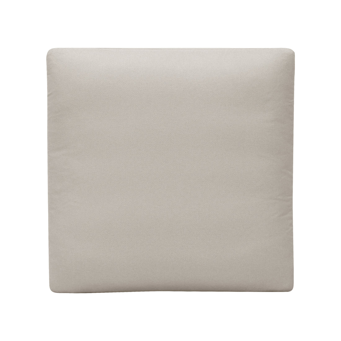 Straight-on view of a light beige cushion-like ottoman on a white background.