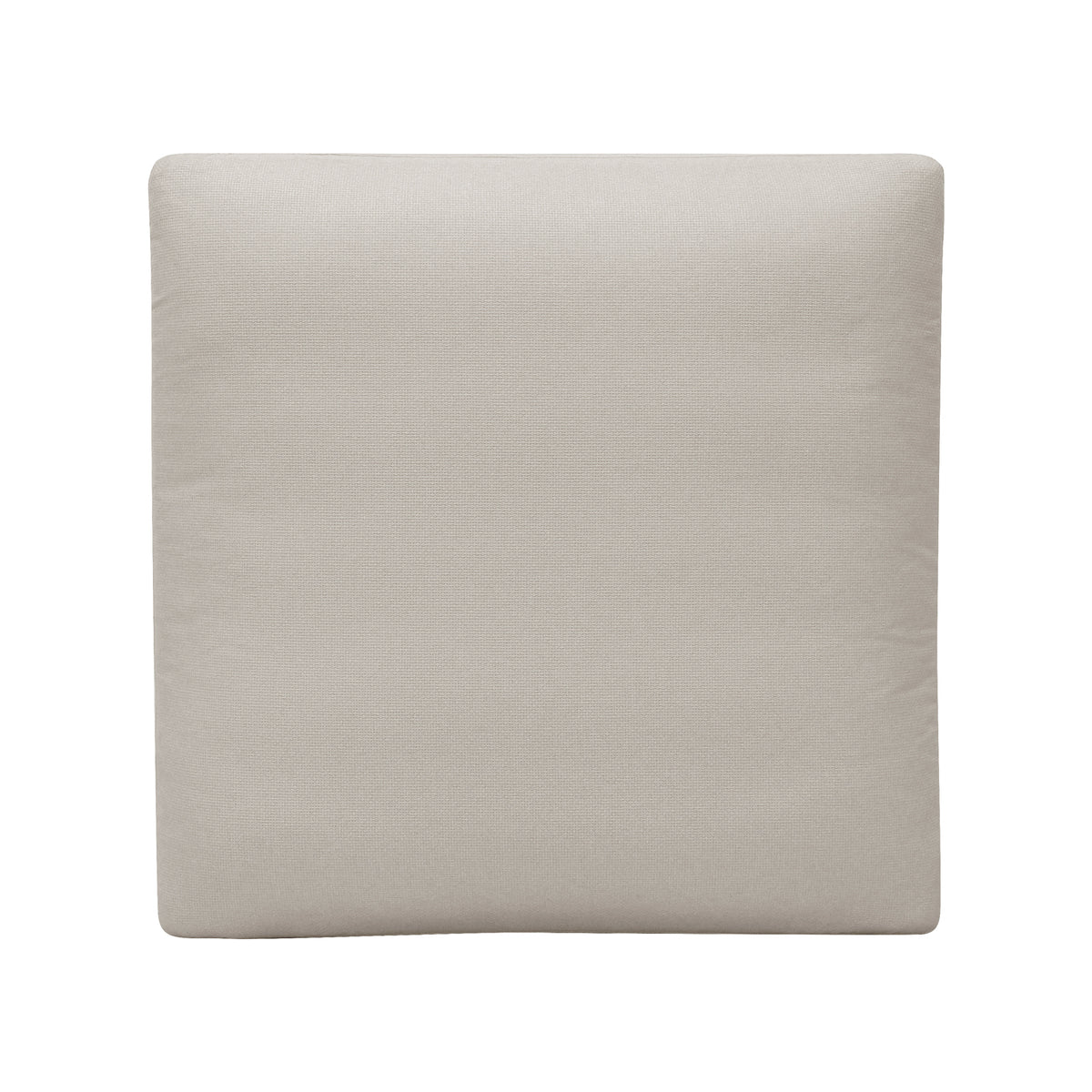 Straight-on view of a light beige cushion-like ottoman on a white background.