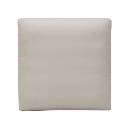 Straight-on view of a light beige cushion-like ottoman on a white background.