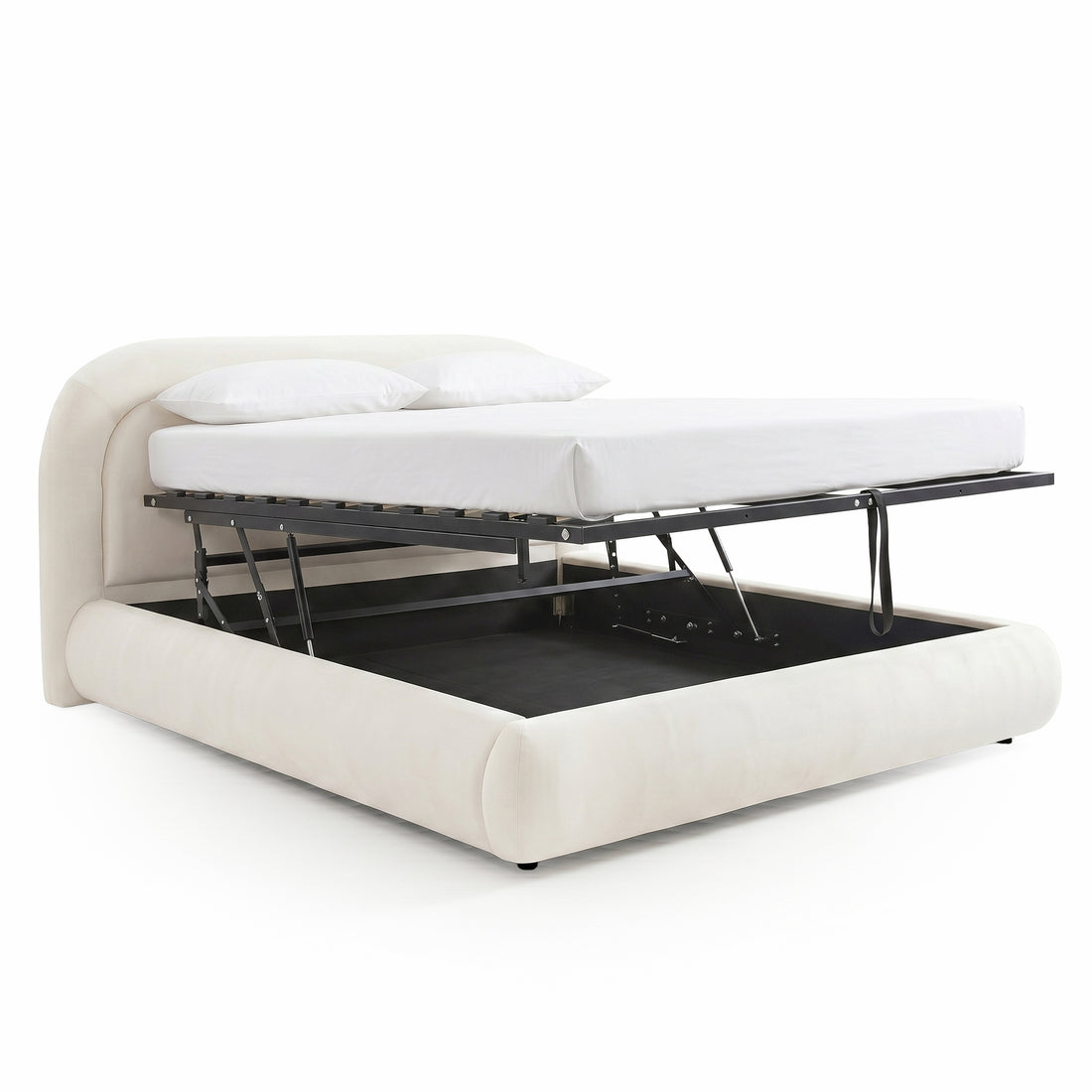 Cream upholstered storage bed with raised mattress platform and exposed storage compartment