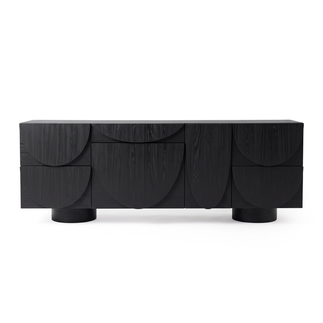 Modern black sideboard with geometric front design on a white background
