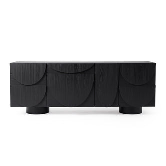 Modern black sideboard with geometric front design on a white background