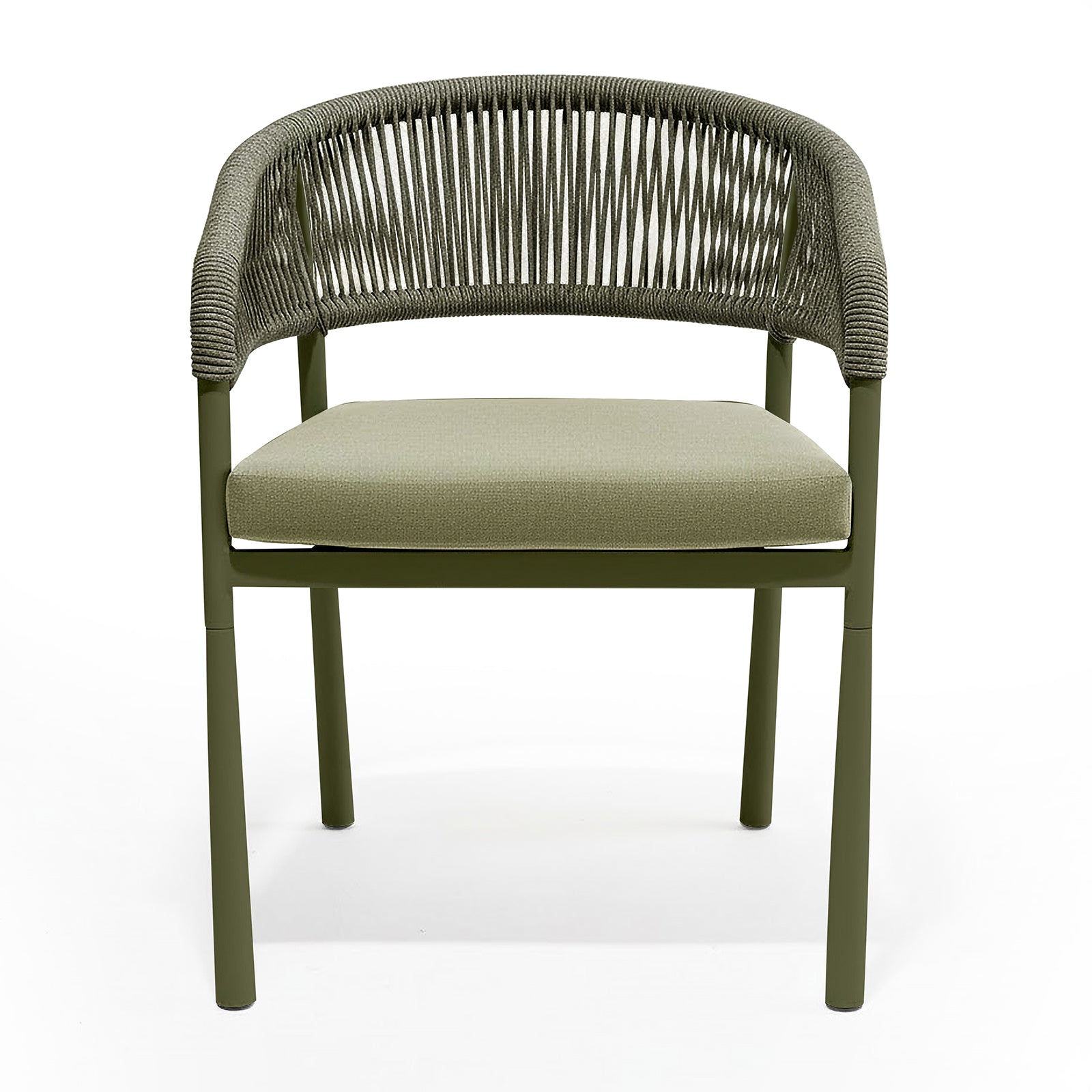 Coastal Outdoor Rope Dining Chairs Set of 2 in Green, featuring olive-green metal frames and woven rope backrests with low armrests, complemented by matching upholstered seat cushions for outdoor comfort and style.