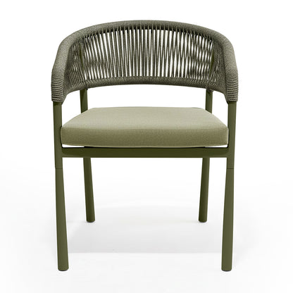 Coastal Outdoor Rope Dining Chairs Set of 2 in Green, featuring olive-green metal frames and woven rope backrests with low armrests, complemented by matching upholstered seat cushions for outdoor comfort and style.