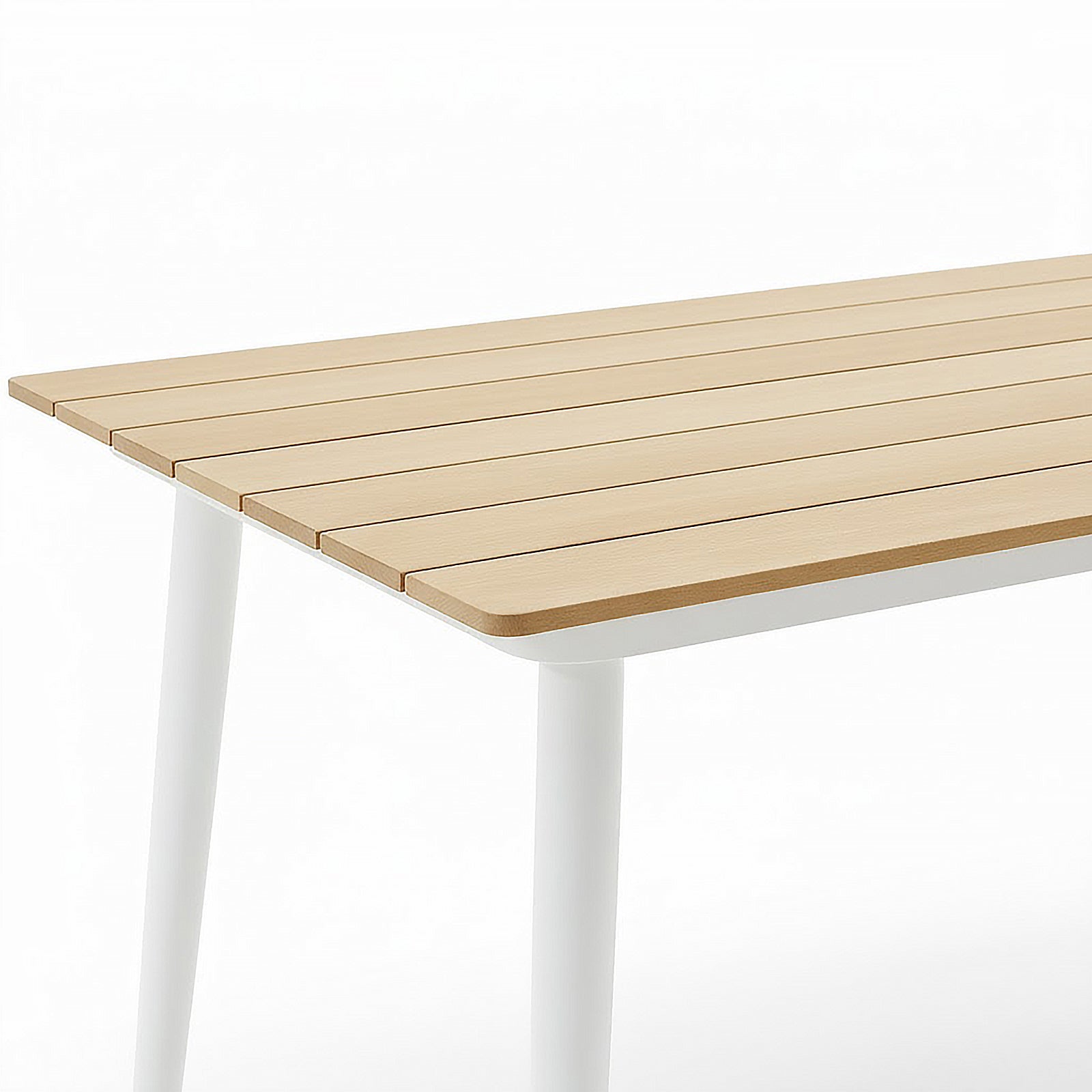 Casara 9 Piece Outdoor Dining Set features a light-wood slatted tabletop with slender white legs, showcasing its minimalist design, ideal for alfresco dining.