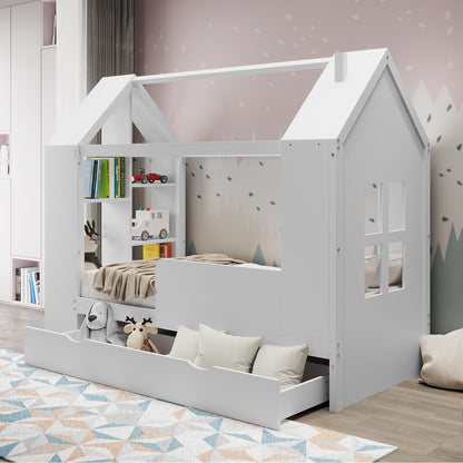 Haron Single Cubby House Bed Storage in White features a house-shaped frame, built-in shelves with toy vehicles, a large underbed drawer with plush toys, and a geometric rug underneath.