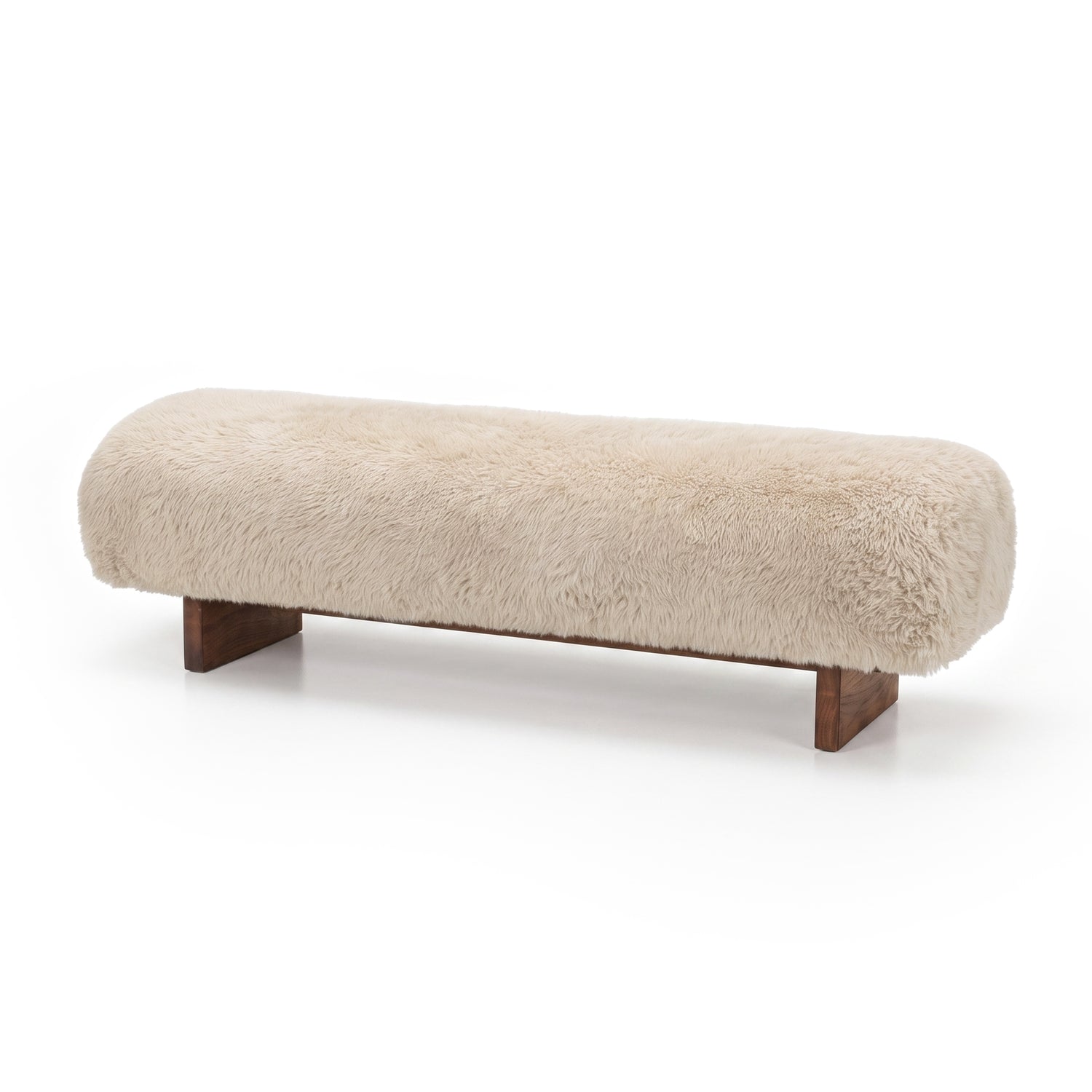 Beige textured bench with wooden legs on white background