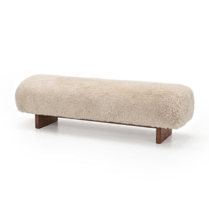 Beige textured bench with wooden legs on white background