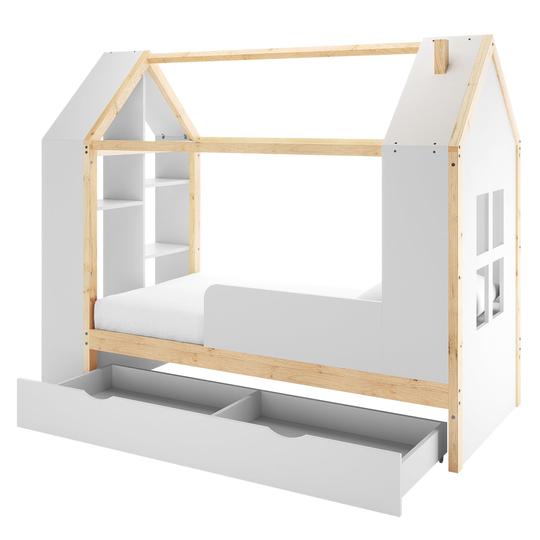 Haron Single Cubby House Bed Storage in White & Natural: A wooden playhouse-style bed with a peaked roof, window cutouts, built-in shelves, short guardrail, and large pull-out storage drawer underneath.