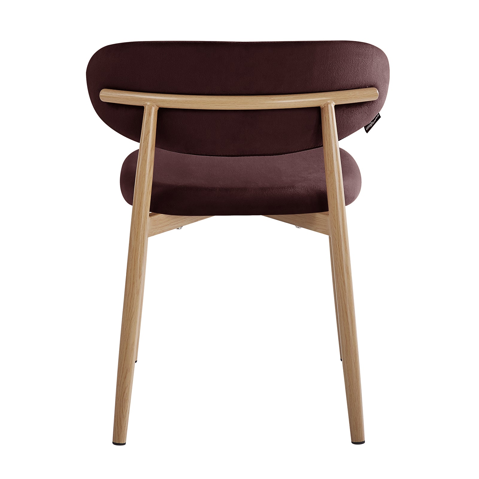 Back view of Audrey Fabric Dining Chair Set of 2, showcasing the gently curved upholstered backrest and seat cushion, supported by slender wooden legs and a simple wooden cross-bar frame.