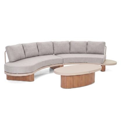 Modern sectional sofa with integrated coffee and side tables on a white background.