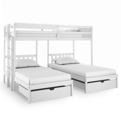 Aristos Triple Bunk Bed with Side Table in White features a top twin bed with ladder access and two lower twin beds, each atop a pull-out drawer, crafted from solid New Zealand pine.