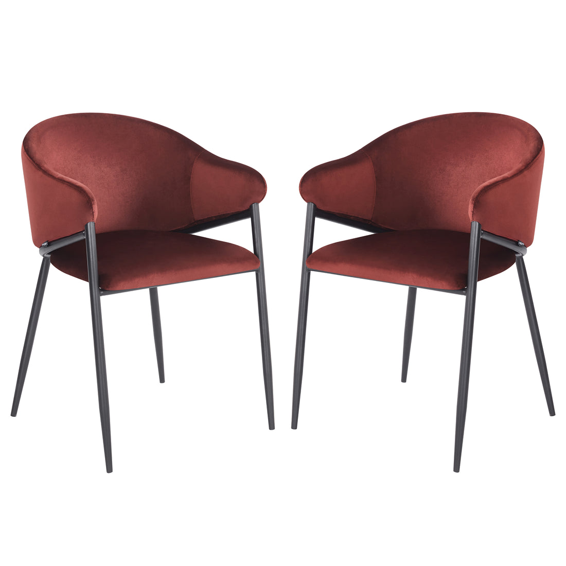 Pair of burgundy velvet chairs with black metal legs on white background