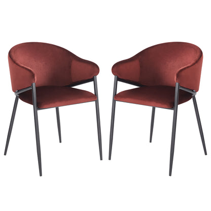 Pair of burgundy velvet chairs with black metal legs on white background