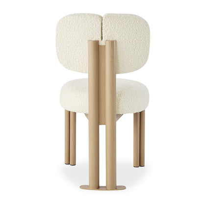 Norii Boucle Fabric Dining Chair in Cream White, showcasing back view with off-white boucle upholstery, split backrest, and light oak-tone frame with round wooden legs.