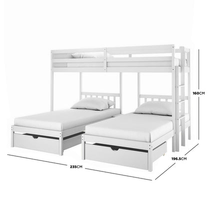 Aristos Triple Bunk Bed with Side Table in White features a single top bunk, two lower beds in an L-shape, and pull-out storage drawers, creating a compact, space-saving sleep solution for three.