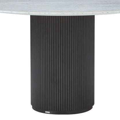 Gracie 120cm Round Marble Dining Table features a fluted black pedestal base supporting a white marble-look tabletop, exuding elegance and modern design.
