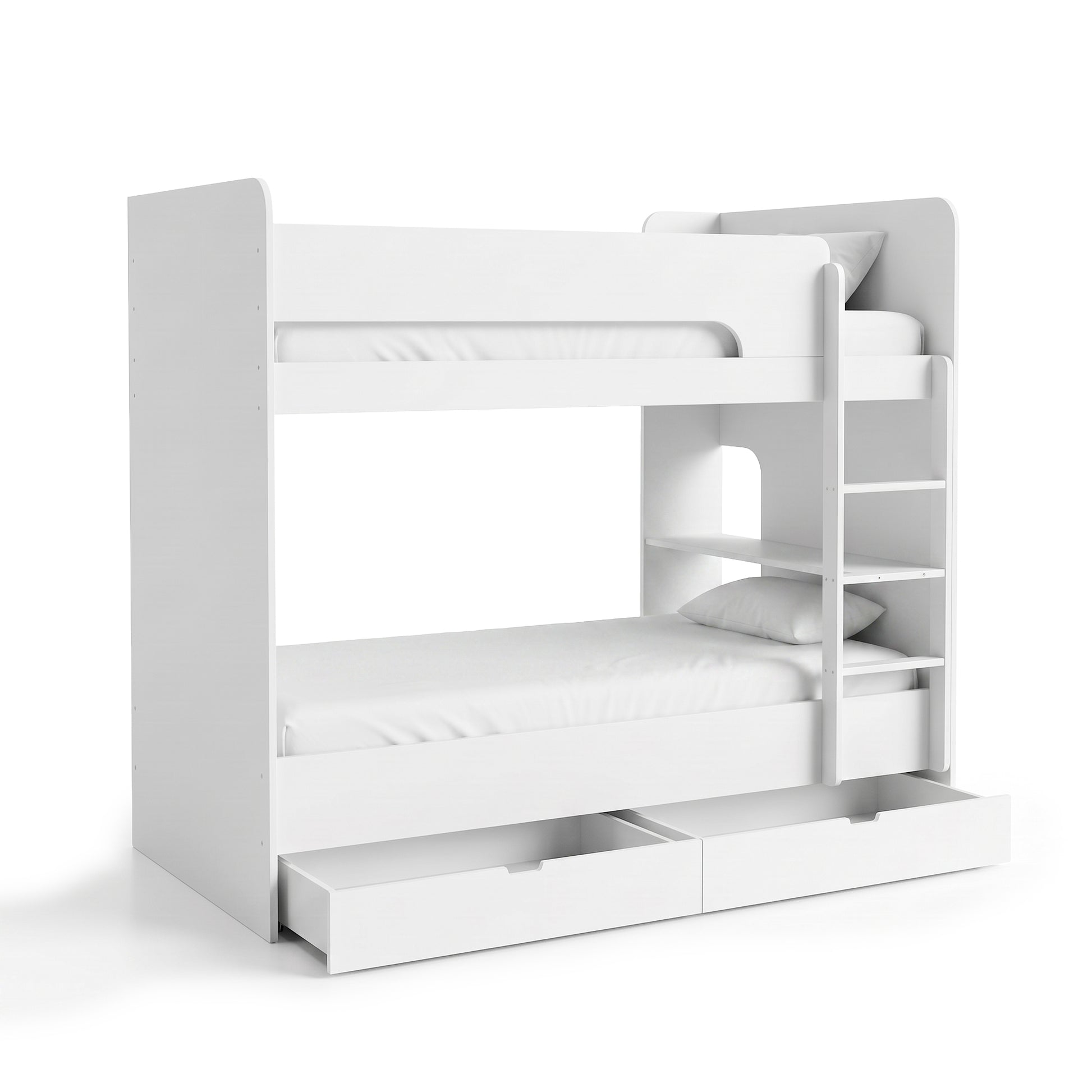 Modern white bunk bed with safety rail, ladder, shelves, and drawers on a white background