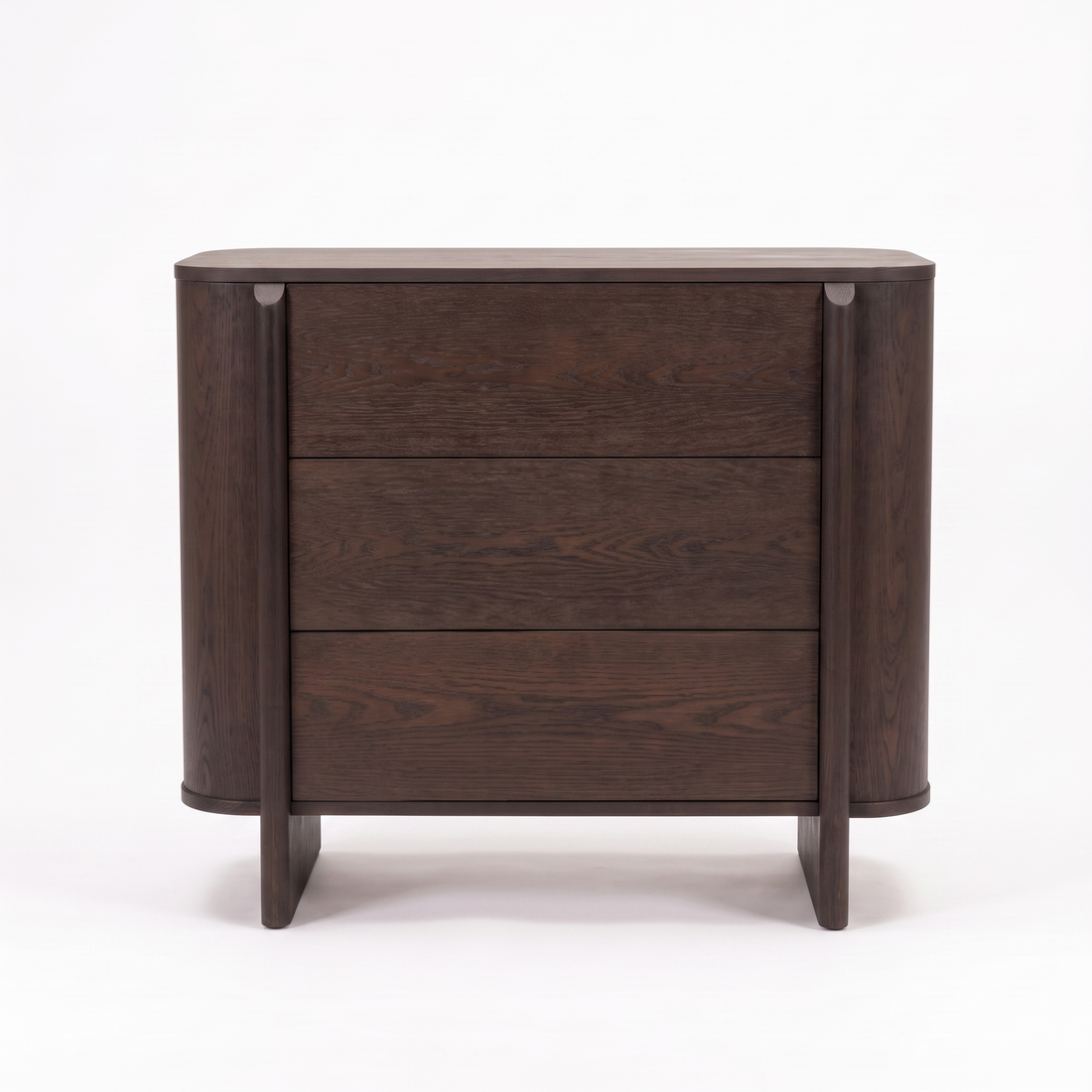 Dark wood three-drawer dresser on a white background