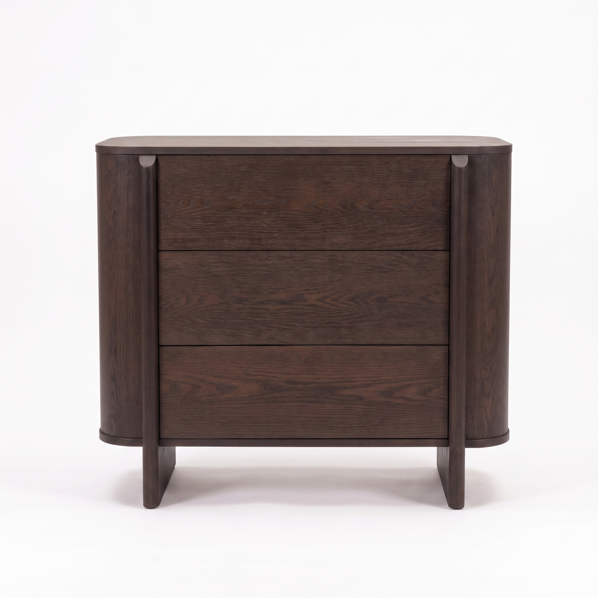 Dark wood three-drawer dresser on a white background