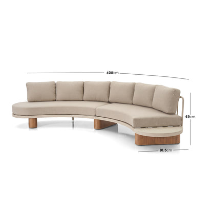 Curved beige sectional sofa with dimension lines showing width depth and height