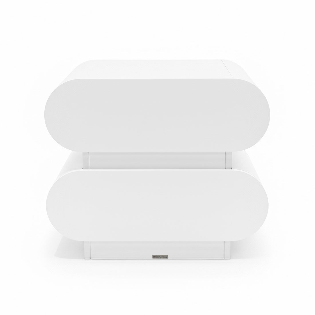 Ardenne 55cm Curved Bedside Table With Drawers in White, featuring sleek, pill-shaped design with two oval-ended drawers, offering modern minimalist style and compact storage solution for bedrooms.