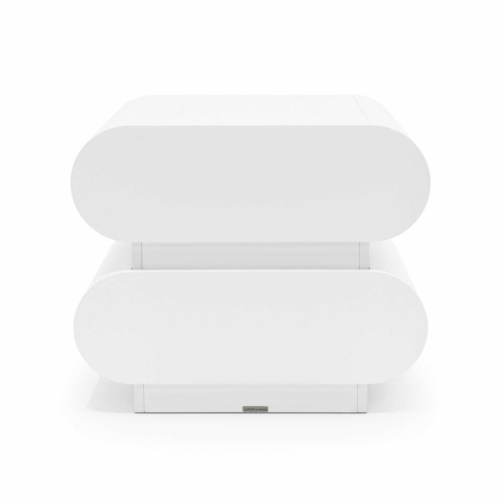 Ardenne 55cm Curved Bedside Table With Drawers in White, featuring sleek, pill-shaped design with two oval-ended drawers, offering modern minimalist style and compact storage solution for bedrooms.