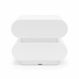 Ardenne 55cm Curved Bedside Table With Drawers in White, featuring sleek, pill-shaped design with two oval-ended drawers, offering modern minimalist style and compact storage solution for bedrooms.