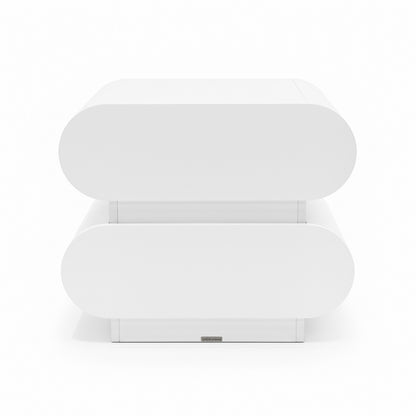 Ardenne 55cm Curved Bedside Table With Drawers in White, featuring sleek, pill-shaped design with two oval-ended drawers, offering modern minimalist style and compact storage solution for bedrooms.