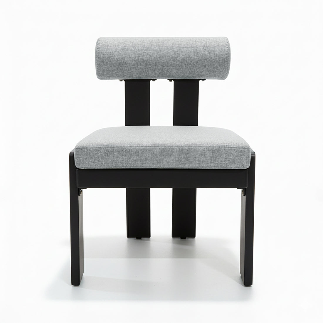 Positano 6 Seater Outdoor Dining Set in Black & Grey features a sleek black aluminum frame with light-grey cushioned chairs and a spacious table, offering modern elegance and comfort for outdoor gatherings.