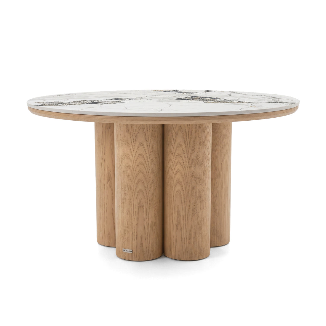 Round table with a light marble top and clustered cylindrical wooden legs on a white background