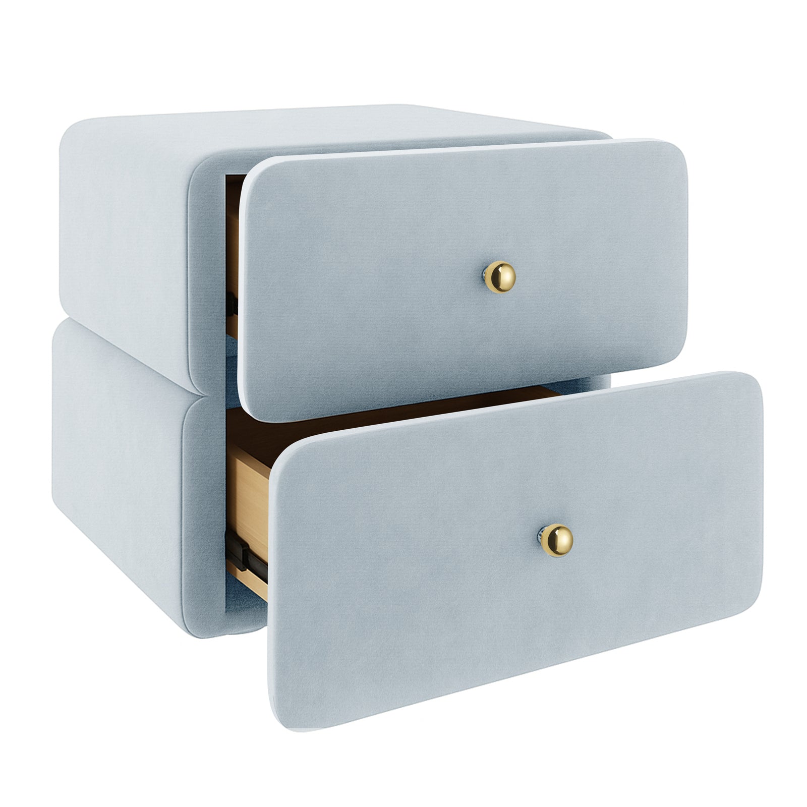 Luxo Tyla Modern Velvet Bedside Table Ice Blue, featuring a wall-mounted design with two drawers. Upholstered in plush fabric, it boasts brass-colored knobs and a light wood interior for elegant storage.