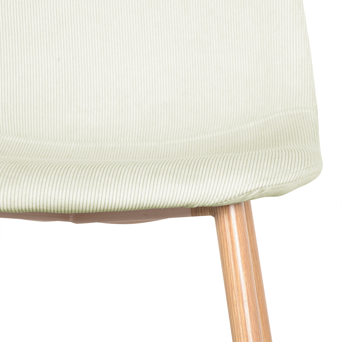 Florida Corduroy Fabric Dining Chairs Set of 4 in Sand, showcasing a close-up of the light green corduroy seat and one oak-finish wooden leg, highlighting its textured fabric and sturdy design.