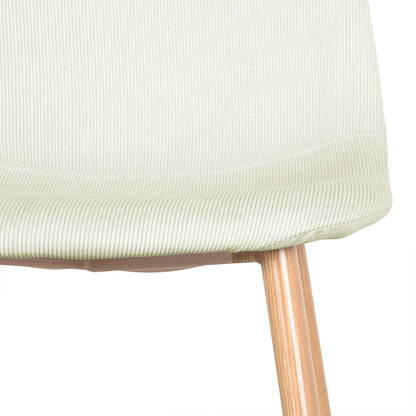 Florida Corduroy Fabric Dining Chairs Set of 4 in Sand, showcasing a close-up of the light green corduroy seat and one oak-finish wooden leg, highlighting its textured fabric and sturdy design.