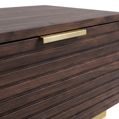 Close-up of the top corner and front detail of a dark wood cabinet