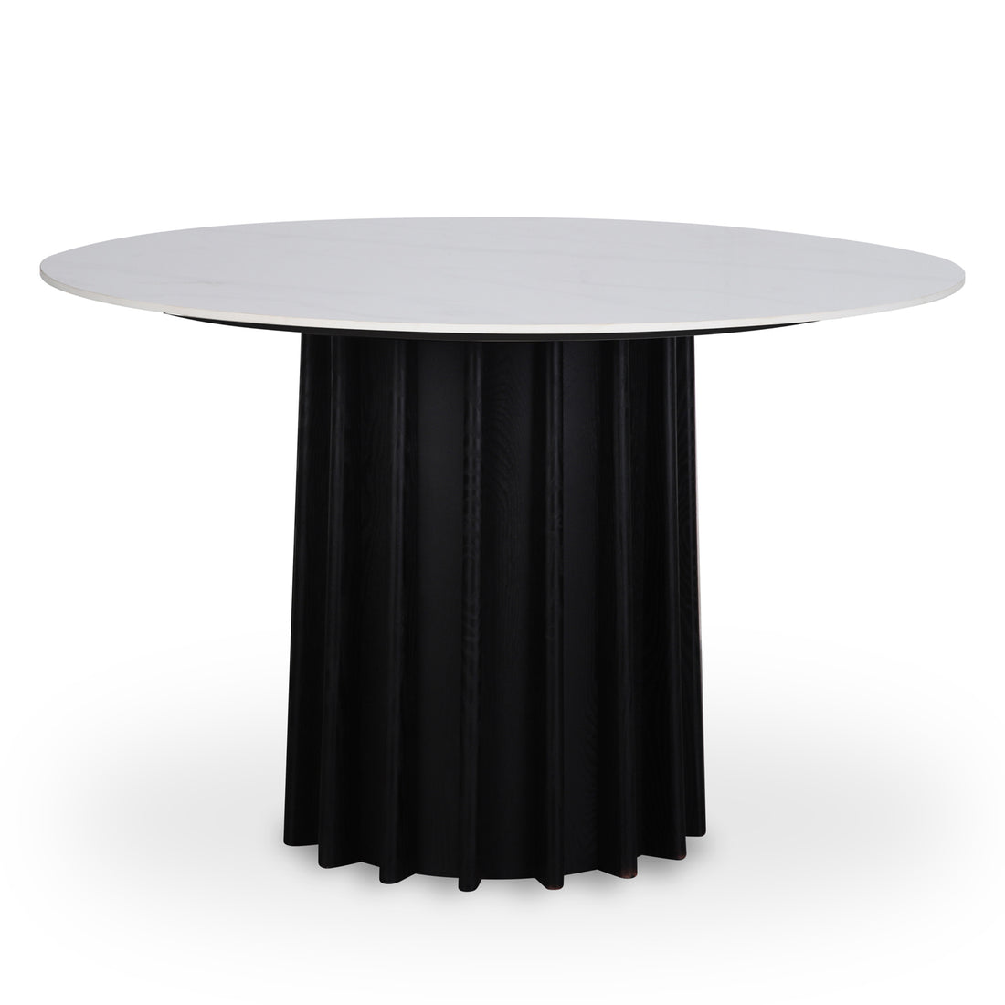 Gabi 120cm Marble Look Dining Table in Black featuring a round, smooth white tabletop atop a tall black cylindrical base with fluted detailing, offering a sophisticated and space-smart dining solution.